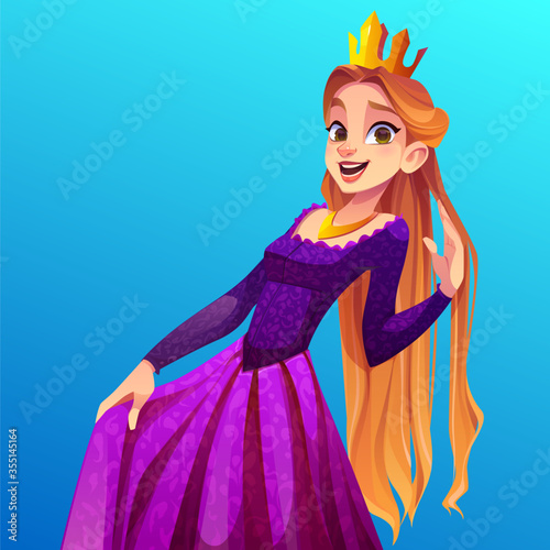 Princess with long hair. Cute girl in vintage dress and gold crown. Vector cartoon illustration of happy young woman in queen costume.