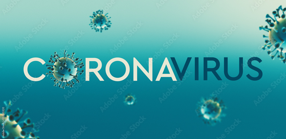 High resolution banner Coronavirus microscopic view. Dangerous asian ncov corona virus, SARS concept with text on teal background. 3d rendering