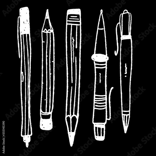 Hand drawn stationery set. Vector doodle illustration. Set of school accessories and supplies. Tools composition.