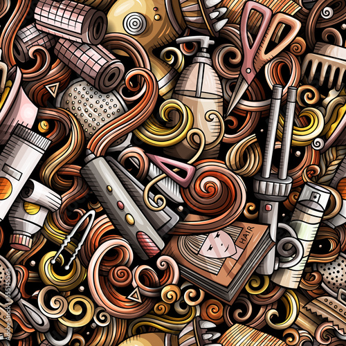 Hair Salon hand drawn doodles seamless pattern. Hairstyle background.
