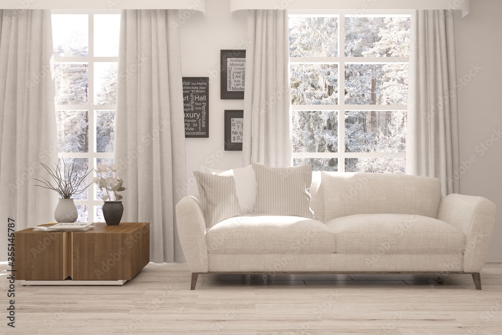 Fototapeta premium White stylish minimalist room with sofa and winter landscape in window. Scandinavian interior design. 3D illustration