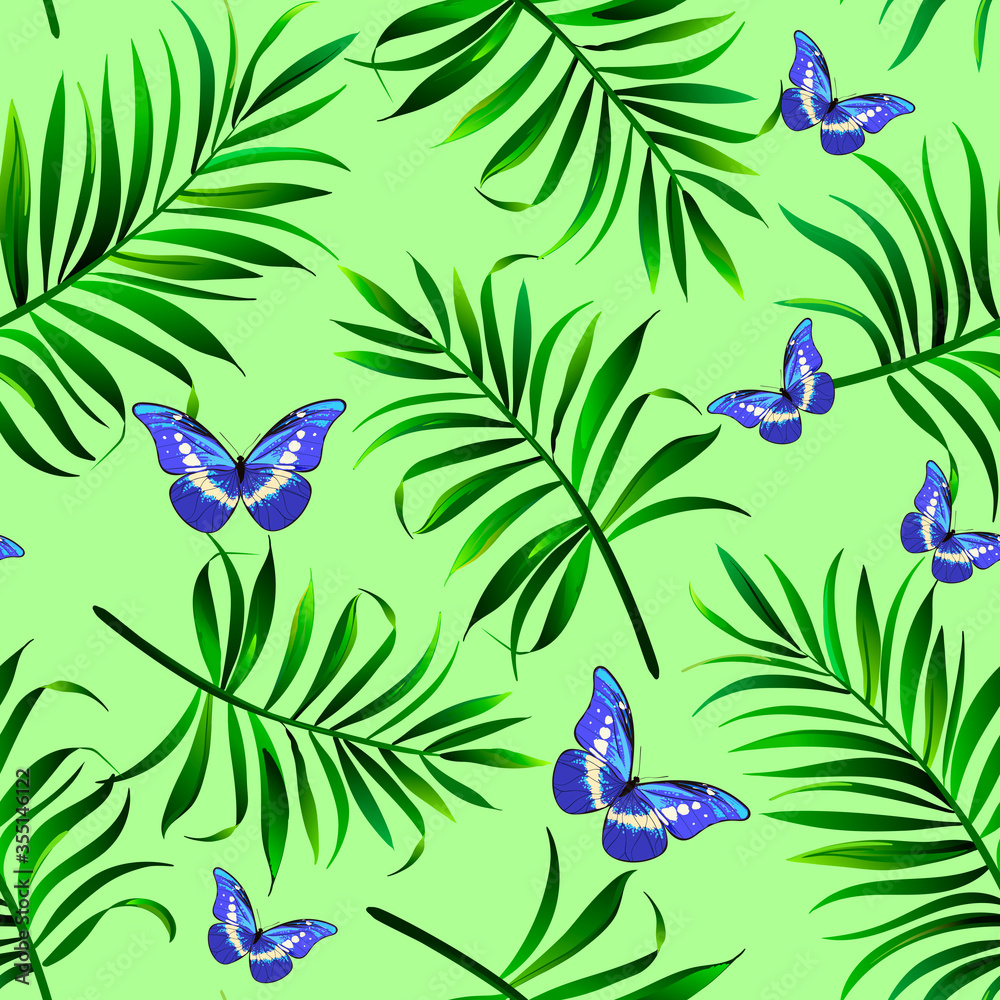 Jungle vector pattern with tropical leaves and butterfly .Trendy summer print. Exotic seamless background.