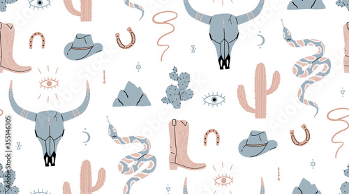 Seamless pattern. Wild west, buffalo skull, eye, mountains, cactus, cowboy hat, cowboy boot, viper. Vector illustration.