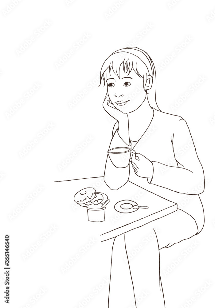 Cartoon girl wearing pajamas, having breakfast with happy expression. Cartoon girl wearing pajamas, having breakfast with happy expression.