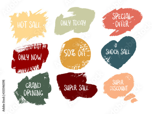 Grunge sale badge collection. Discount price offer set with place for text. Promo coupon labels