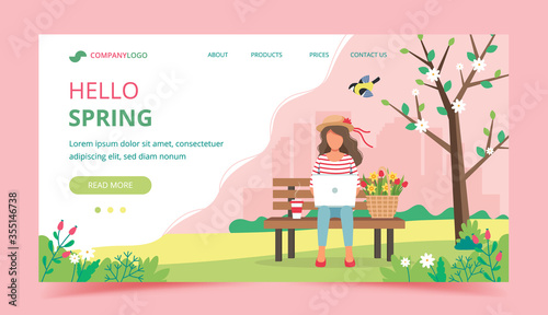 Woman with laptop sitting on the bench and spring flowers in basket. Landing page template. Cute illustration in flat style.