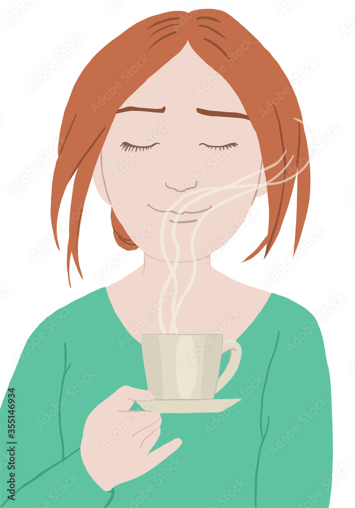 Cartoon woman sniffs a cup of tea or coffee, her eyes closed and smiling, isolated Cartoon woman sniffs a cup of tea or coffee, her eyes closed and smiling, isolated