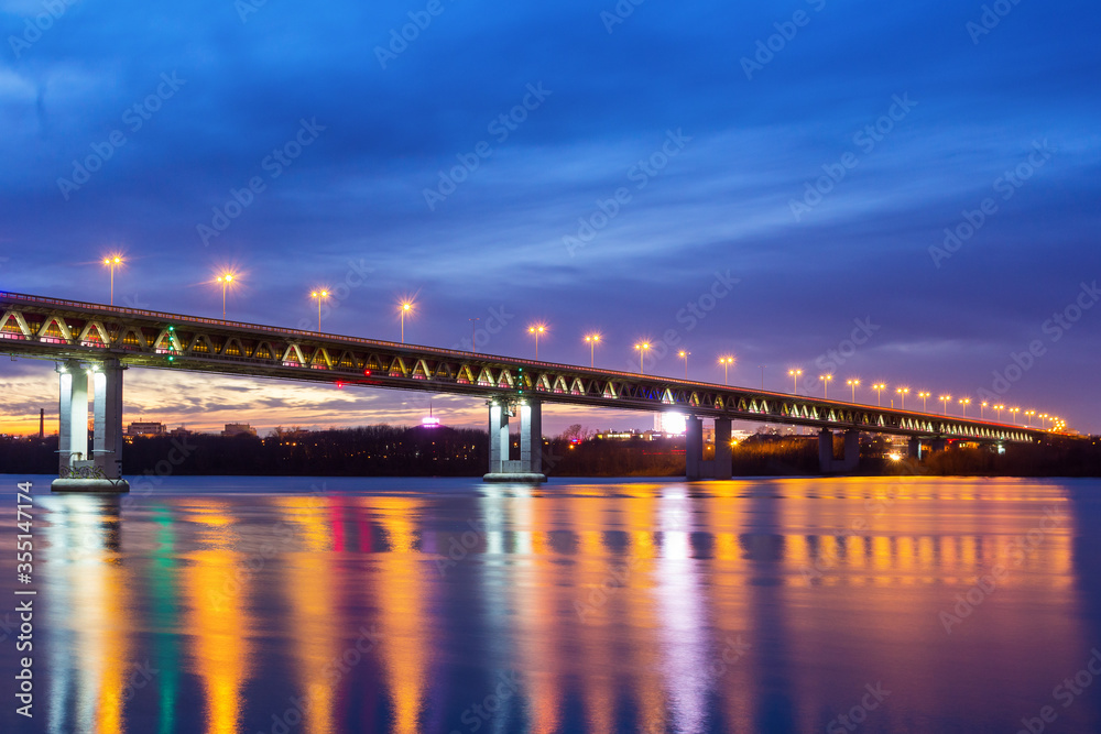 Multi-colored lighting of the metro bridge in Nizhny Novgorod