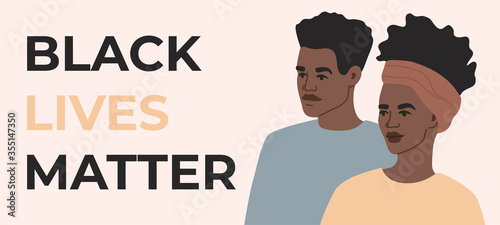 Black lives matter. African American women and man protesting for their rights.Vector illustration in flat cartoon style on isolated background. 