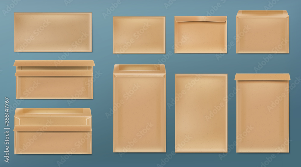 Kraft envelopes template set. Blank brown closed and open craft paper covers, vertical and horizontal letter packages, mock up of folder for business documents and messages, Realistic 3d vector mockup Kraft envelopes template set. Blank brown closed and open craft paper covers, vertical and horizontal letter packages, mock up of folder for business documents and messages, Realistic 3d vector mockup
