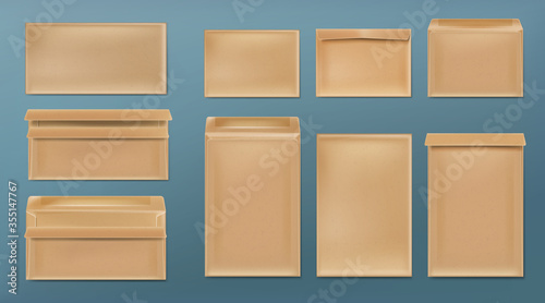 Kraft envelopes template set. Blank brown closed and open craft paper covers, vertical and horizontal letter packages, mock up of folder for business documents and messages, Realistic 3d vector mockup