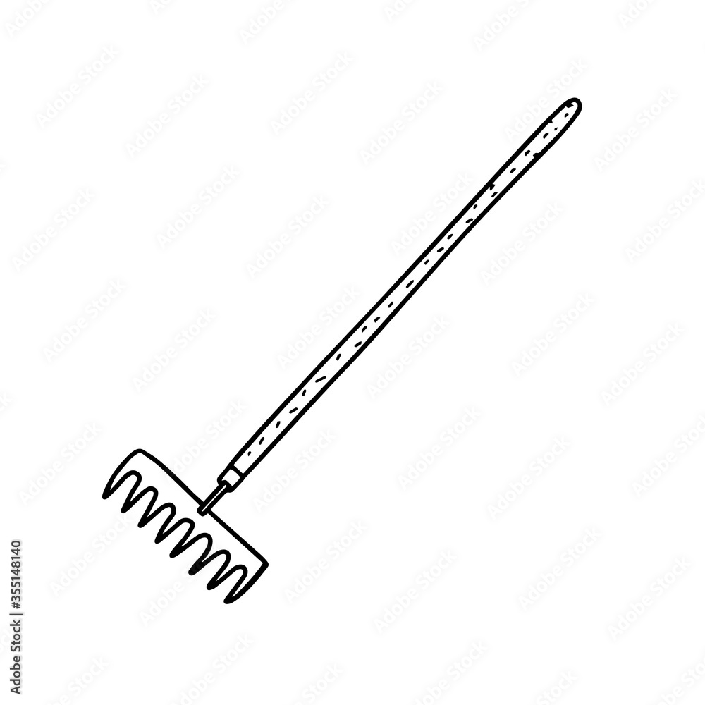 Garden rakes isolated on a white background. Rake for the garden.Tools for earthworks and territory cleaning. Vector illustration in Doodle style