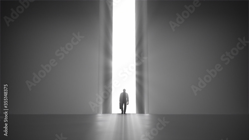 3d render walking man with a case to the opening gate with clearance