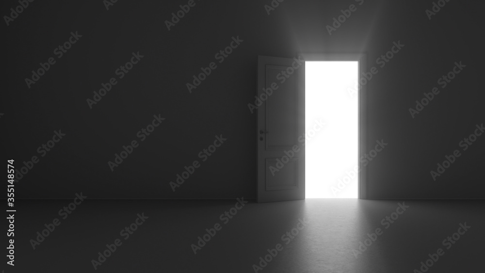 3d render open door shine in dark room 3d render open door shine in dark room