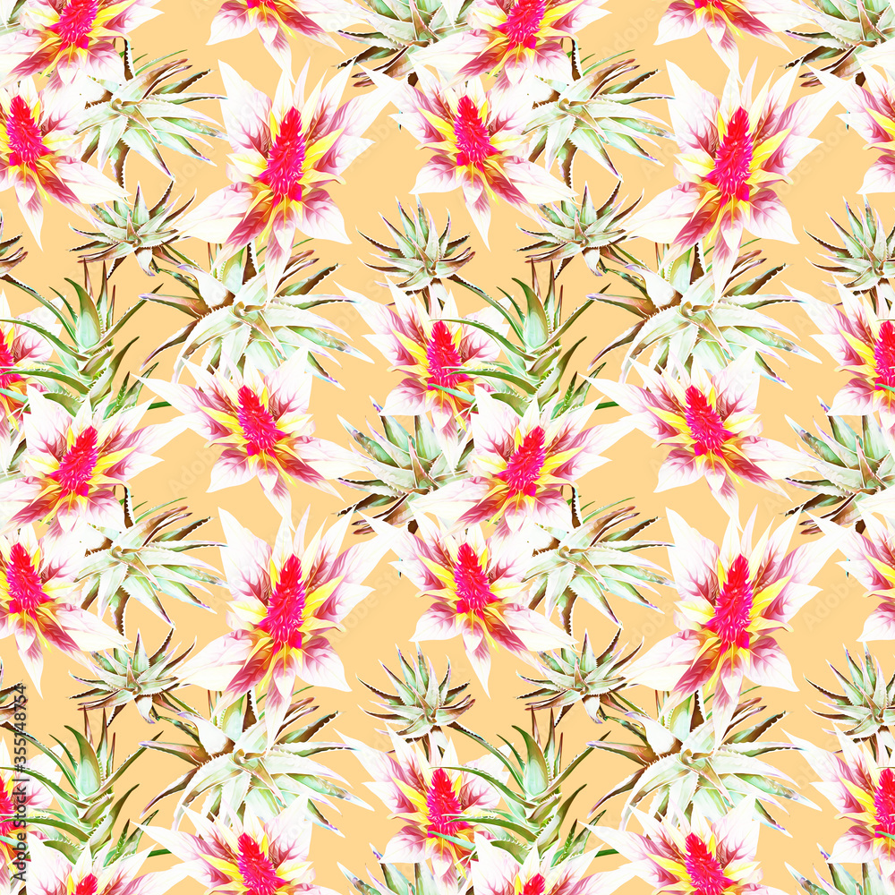 Aloe vera with tropical flowers, seamless pattern.