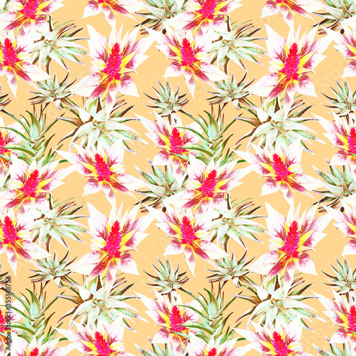 Aloe vera with tropical flowers  seamless pattern.