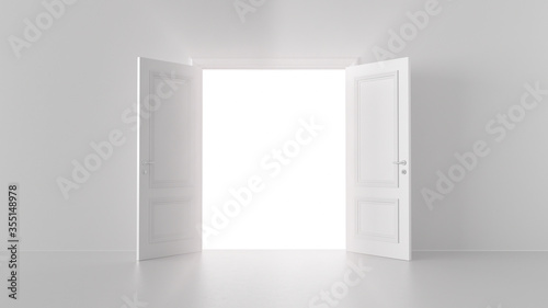 Fotografie, Obraz 3d render shine of an open door in a bright room