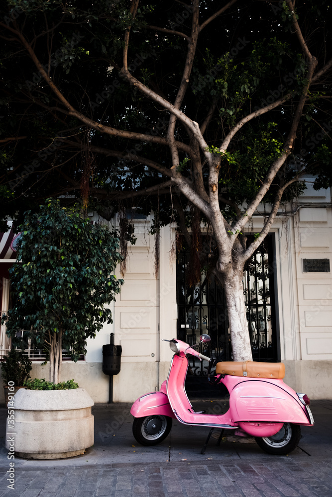 A pink retro scooter is parked in the street near tree.