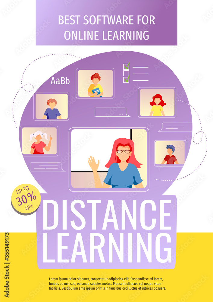Flyer design for Online Education, Distance learning, Communication, Teaching, Study, School. Teacher and kids studying by internet. Vector illustration for poster, banner, presentation, flyer. Flyer design for Online Education, Distance learning, Communication, Teaching, Study, School. Teacher and kids studying by internet. Vector illustration for poster, banner, presentation, flyer.