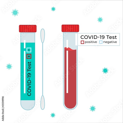 Types of coronavirus tests Vector illustration. Test tube with blood and cotton swab for saliva kit. Laboratory research covid-19. Medical lab examination, isolated with virus background.
