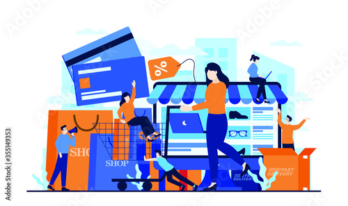 Online market, online shop app for computer and web version concept illustration flat design