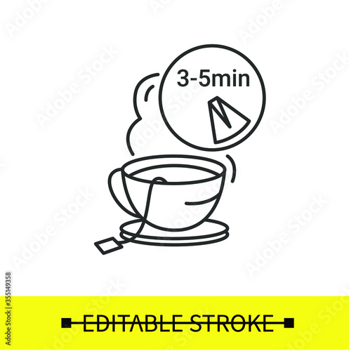 Tea brewing time icon. Steaming hot tea cup on saucer plate with teabag inside and brewing time indication. Vector editable stroke line illustration for instruction, recipe and product package design
