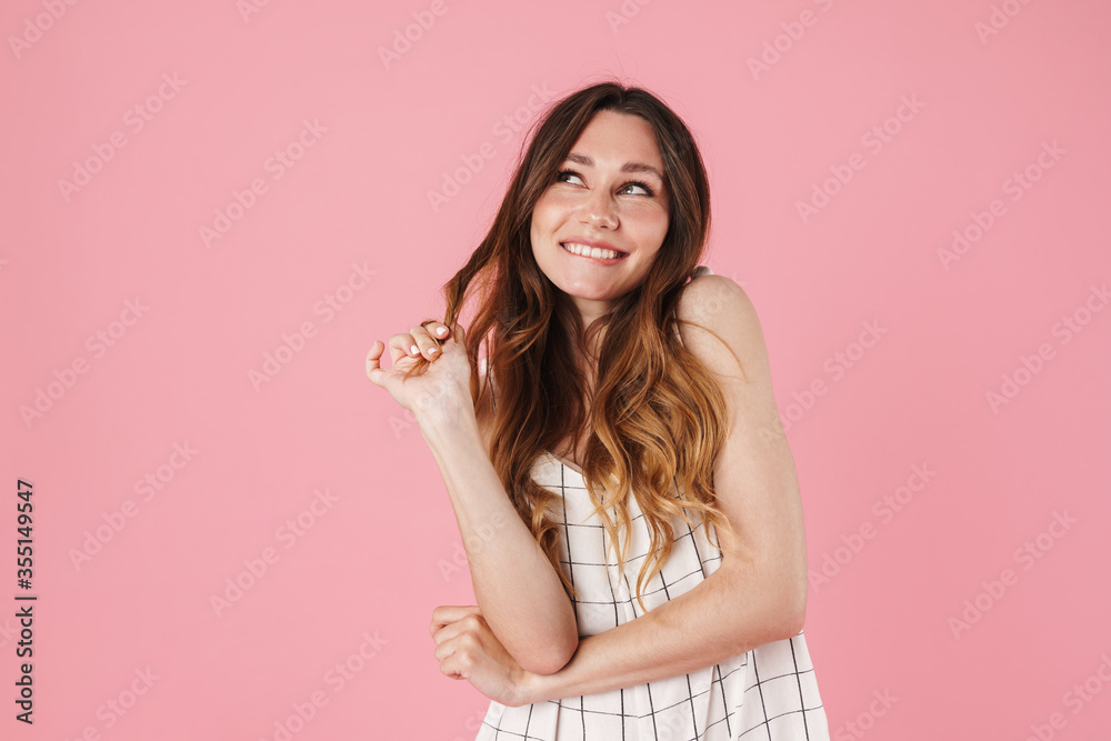 Image of happy beautiful woman smiling and looking upward