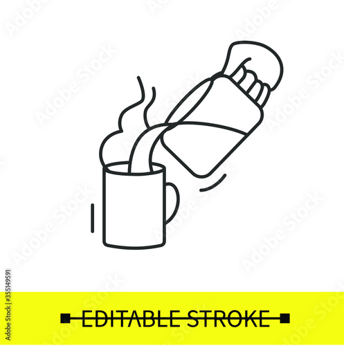 Coffee pouring icon. Fresh aromatic hot drink served out of glass drip coffee maker pot into big mug. Editable stroke vector illustration for recipe, package design and navigation
