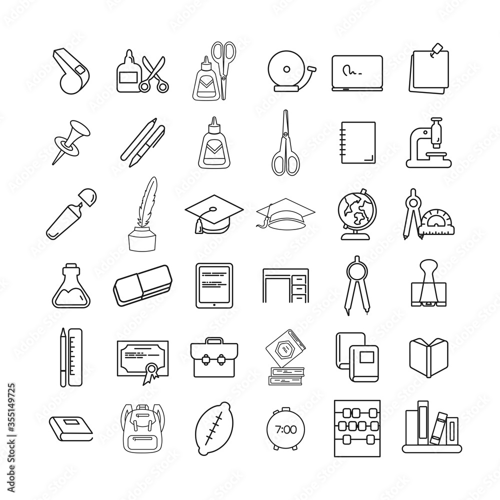 School and Education line Icon set with graduation cap, book, pencil, pen, eraser, blackboard School and Education line Icon set with graduation cap, book, pencil, pen, eraser, blackboard