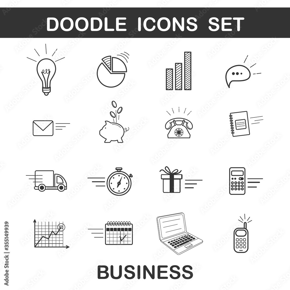 A set of vector icons for business in the doodle style.Icon of a piggy Bank,laptop, phone,calculator and growth chart on a white background.The truck is a delivery symbol.Light bulb-symbol of an idea A set of vector icons for business in the doodle style.Icon of a piggy Bank,laptop, phone,calculator and growth chart on a white background.The truck is a delivery symbol.Light bulb-symbol of an idea