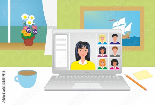 Working at home, study at home, conference meeting. Concept with different looking people on screen. You find more alternatives in my portfolio. Vector illustration, EPS10.