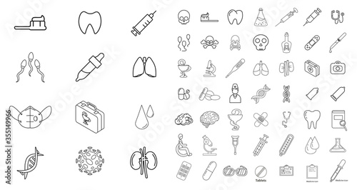 Healthcare and medical line icon set with sperm, thermometer, lungs, brain, doctor, laboratory, virus, first aid kit