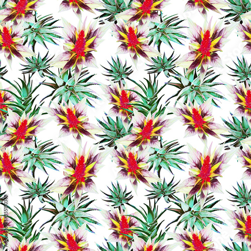Aloe vera with tropical flowers, seamless pattern.
