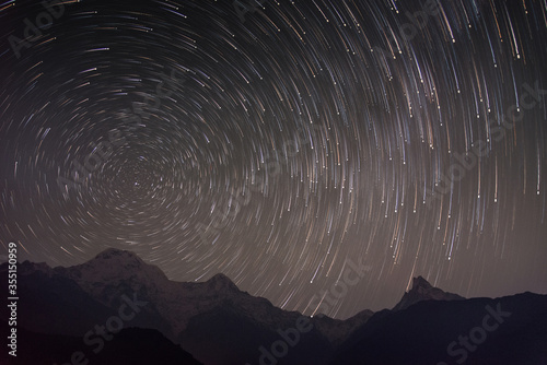 Star trails over the Annapurna South & Machhapuchchhre, Nepal.
