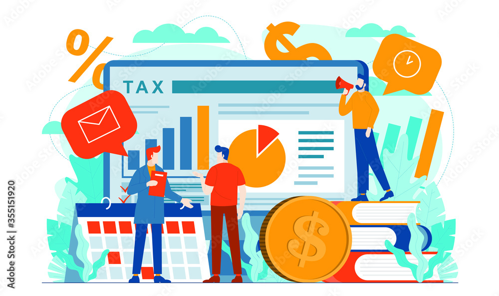 Naklejka premium Tax payment, tax audits, income tax, tax calculation, tax reporting online through a computer concept illustration flat tax design