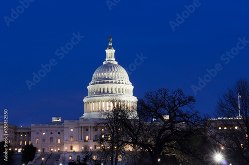Night photograph from Union Square of the United States Capitol Building including the Capitol Dome, Capitol Hill, Washington DC