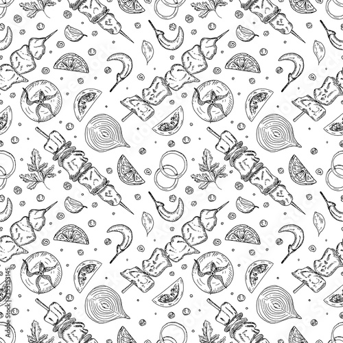 Seamless pattern with street food elements on white background. Vector sketch hand drawn illustration in doodle outline style. Doner kebab, shashlik, shawarma, marinated, skewer, vegetable.