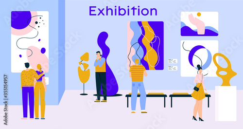 People visitors at exhibition of contemporary art in gallery