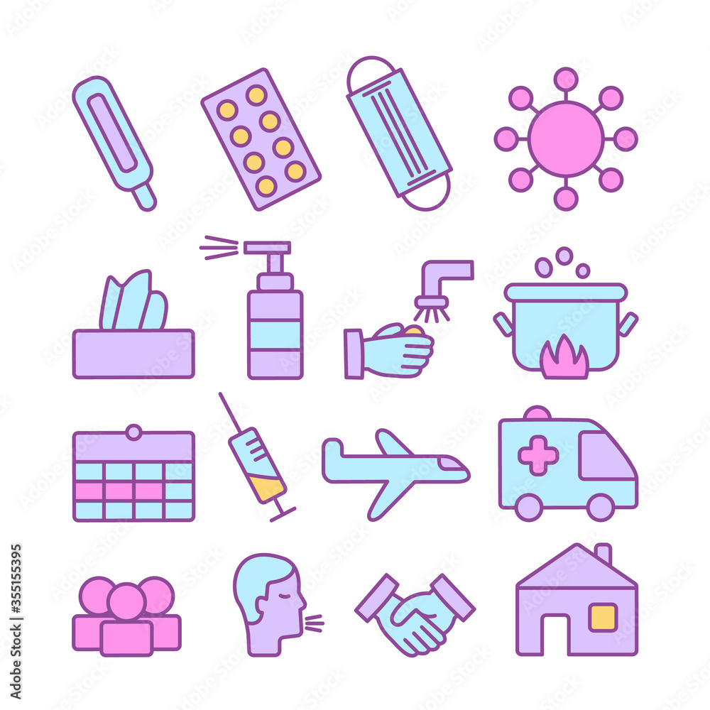 Vector epidemic coronavirus icon set. Medicine and Health symbols transmission, prevention, treatment such as mask, quarantine, vaccine, bacteria, tablets, thermometer, wash hands