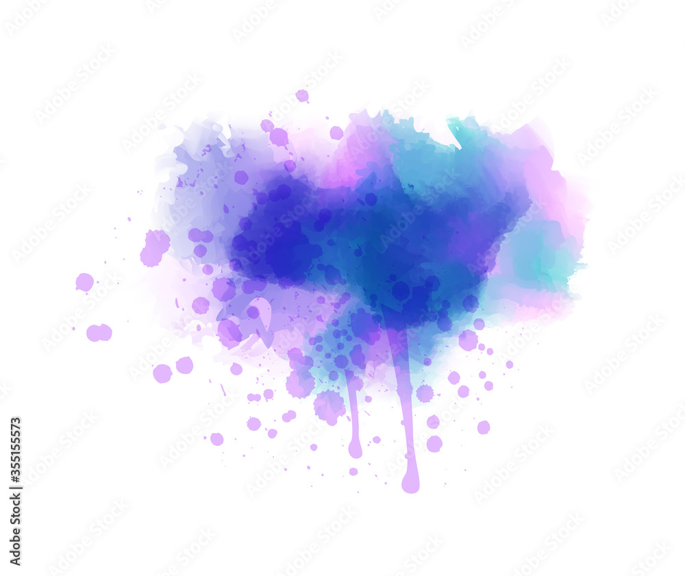 Purple and blue colored splash watercolor paint blot - template for your designs. Grunge painted imitation splash background.