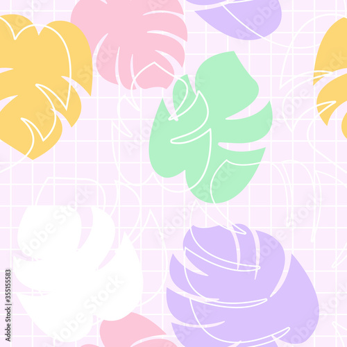 Vector seamless pattern with monstera leaf in 80s-90s style in pastel colors. Summer tropical print. Fabric pattern. Textile design texture. Jungle background. Textile ornament. Palms leaf