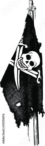 old ragged pirate flag jolly roger hanging on a mast on a white background
