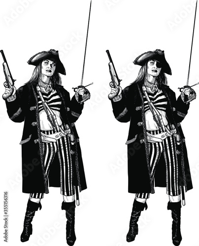 girl a pirate captain in a cocked hat and camisole and vest stands holding up a gun and a sword. Two face options with and without eye patch