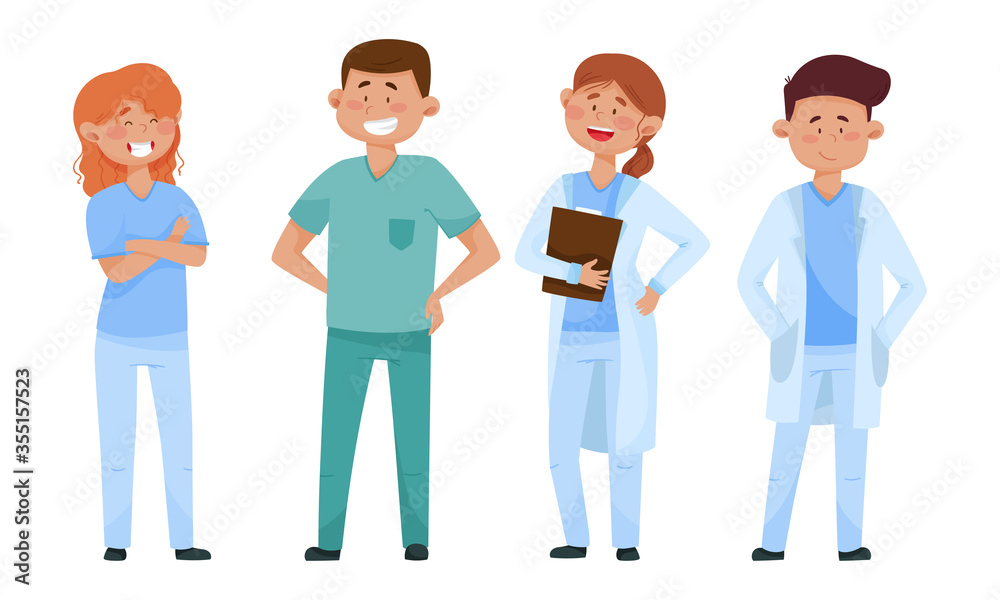 Smiling Man and Woman Doctors Wearing Medical Uniform Vector Illustrations Set