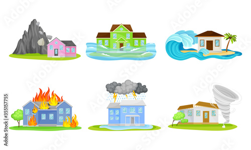 Houses Undergoing Natural Disasters Like Fire and Tornado Vector Set