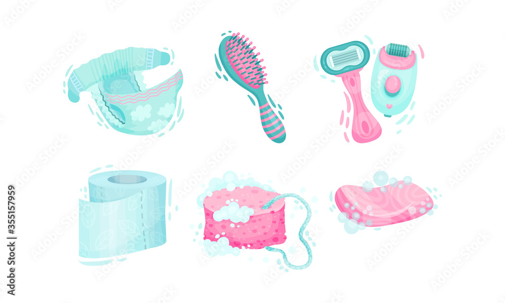 Personal Hygiene Items with Shower Puff and Toilet Paper Vector Set
