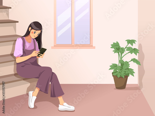 Women stay at home sitting using mobile phones on stairs. Character cartoon illuatration. Vector wallpaper design for prints, flyers, banners, invitations card, special offer and more.