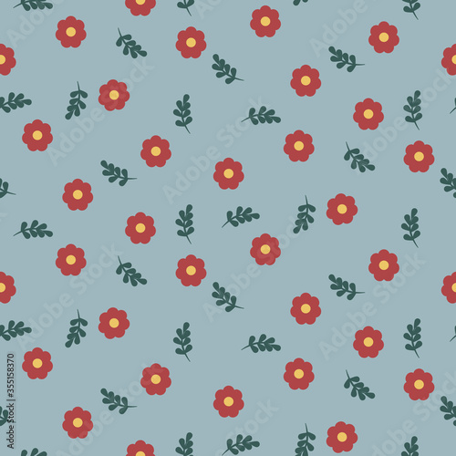 Half drop seamless pattern with beautiful red flower on blue background. Vector illustration wallpaper or printing. 