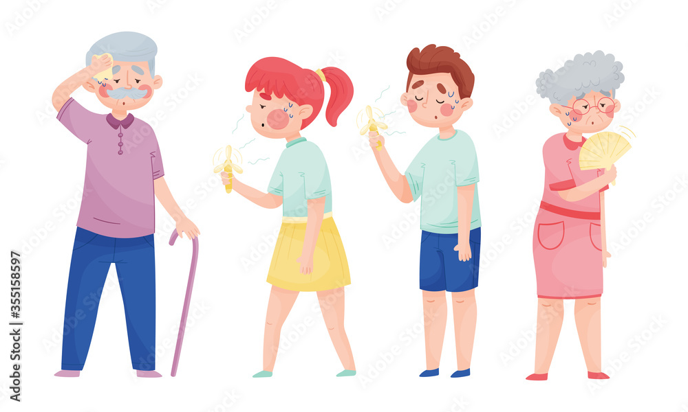 People Characters with Beads of Sweat on Their Forehead Holding Hand Fan Vector Illustrations Set People Characters with Beads of Sweat on Their Forehead Holding Hand Fan Vector Illustrations Set