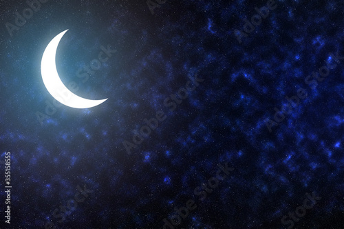 Ramadan Kareem background with moon. Celebration of Eid-al-adha. Crescent Moon with stars on dark night sky.